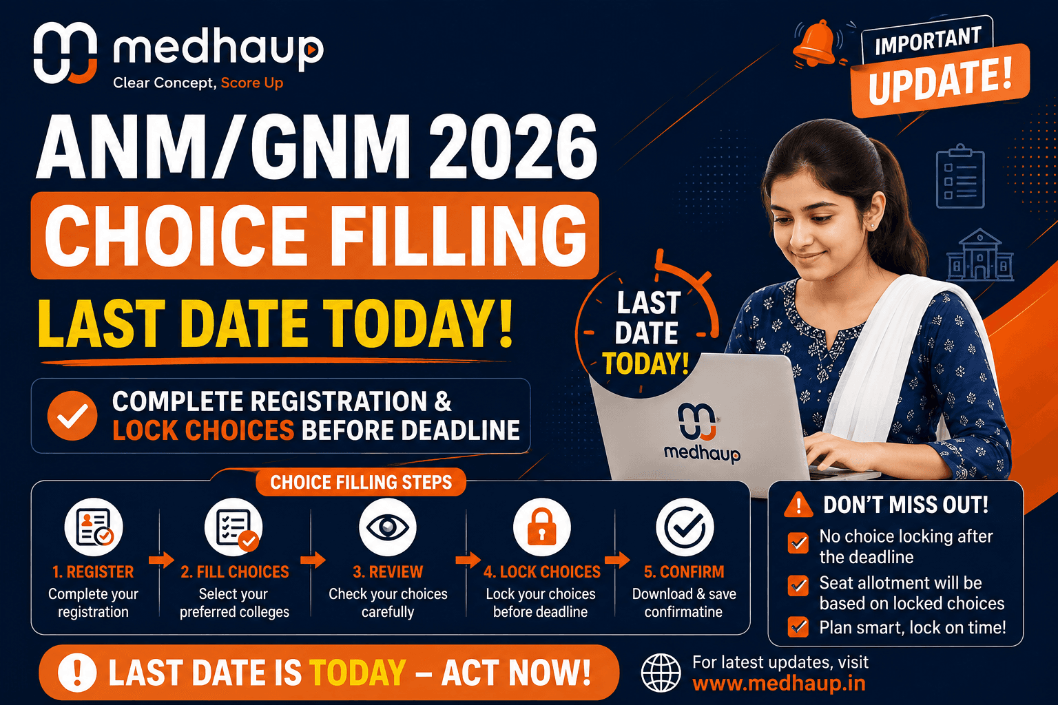 ANM/GNM 2026 Choice Filling Last Date Today: Complete Registration and Lock Choices Before Deadline