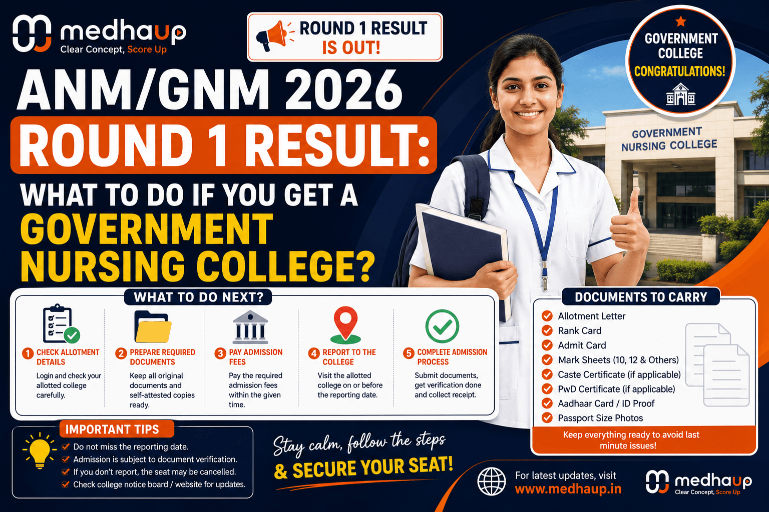 ANM/GNM 2026 Round 1 Result: What to Do If You Get a Government Nursing College?
