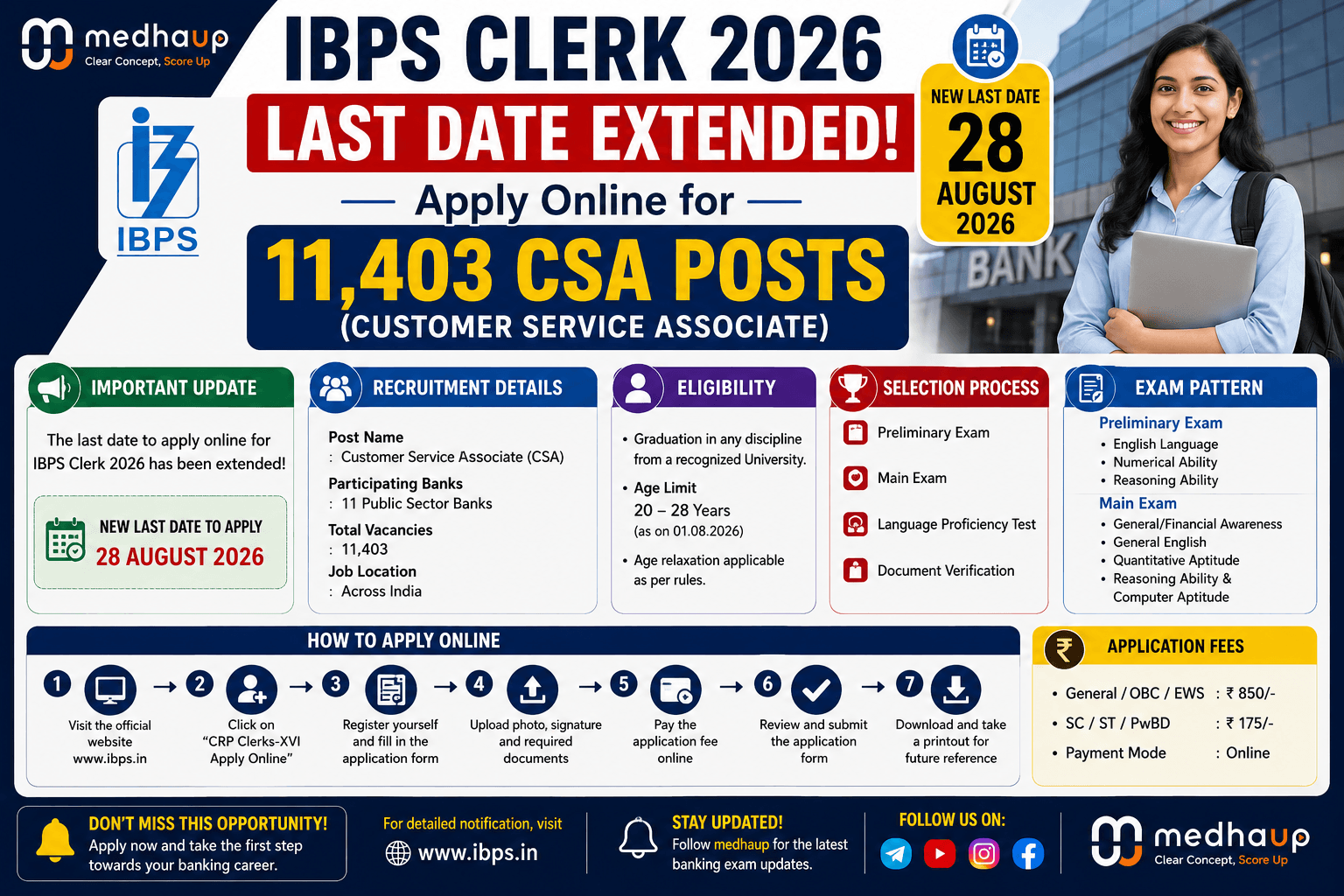 IBPS Clerk 2026 Last Date Extended to August 28: Apply Online for 11,403 CSA Posts
